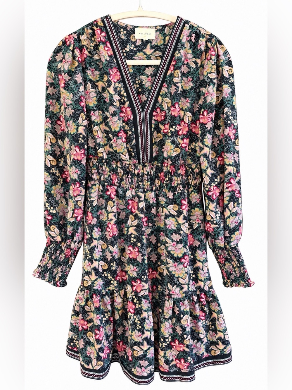Melloday Floral Long Sleeve Mini Dress XS Boho Cottagecore Dark Romantic EUC